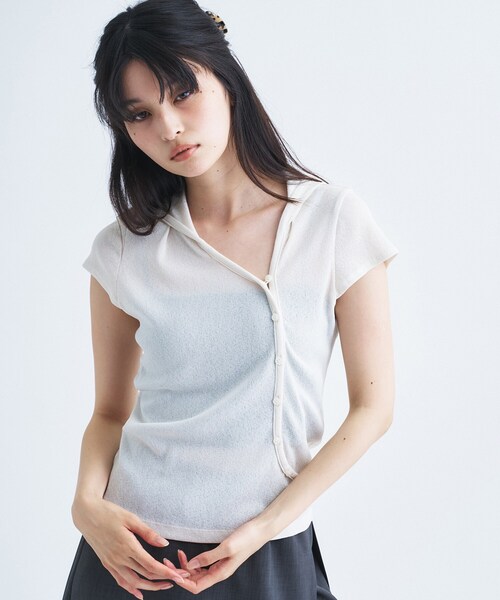 CODE A(コードエー)の「soft button hood tee(Tシャツ/カットソー・レディース・オフホワイト/ライトグリーン/ブラック・00)」の16枚目の写真