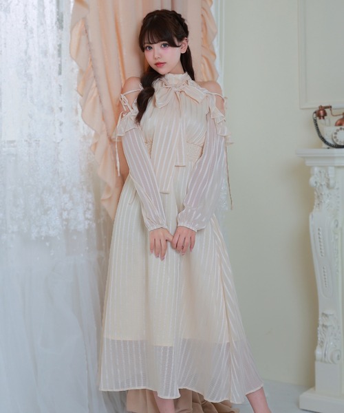 Anely(アネリー)の「ストライプ ボウタイ リボン オープン ショルダー ワンピース(ワンピース・レディース・ブラック/ホワイト/ベージュ・FREE)」の22枚目の写真