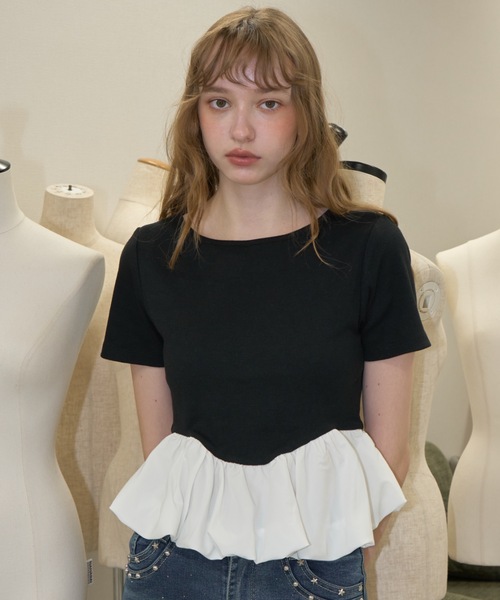 Birthday room(バースデイルーム)の「ドッキングバルーンぺプラムトップス/Docking Balloon Peplum Top(Tシャツ/カットソー・レディース・アイボリー/ブラック・FREE)」の2枚目の写真