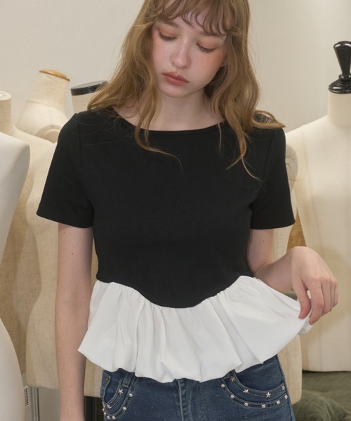 Birthday room(バースデイルーム)の「ドッキングバルーンぺプラムトップス/Docking Balloon Peplum Top(Tシャツ/カットソー・レディース・アイボリー/ブラック・FREE)」の6枚目の写真