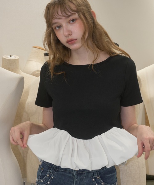 Birthday room(バースデイルーム)の「ドッキングバルーンぺプラムトップス/Docking Balloon Peplum Top(Tシャツ/カットソー・レディース・アイボリー/ブラック・FREE)」の4枚目の写真