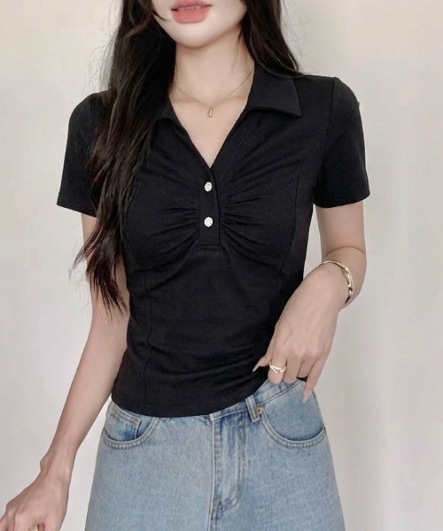 LADY LIKE(レディライク)の「【春夏新作】胸ギャザーメタルボタン半袖トップス(Tシャツ/カットソー・レディース・グレー/ホワイト/ライトベージュ/ブラック・M)」の3枚目の写真
