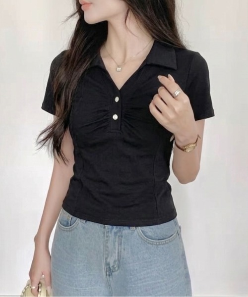 LADY LIKE(レディライク)の「【春夏新作】胸ギャザーメタルボタン半袖トップス(Tシャツ/カットソー・レディース・グレー/ホワイト/ライトベージュ/ブラック・M)」の10枚目の写真