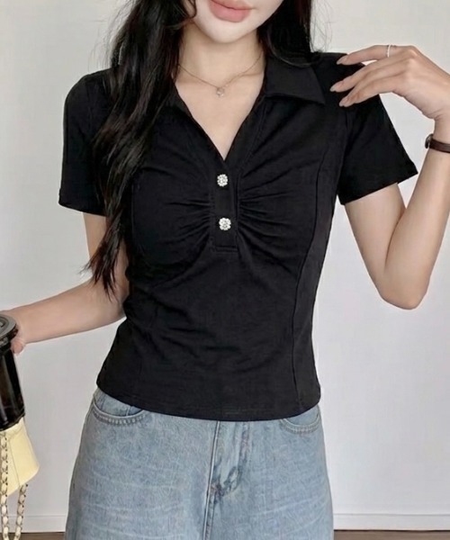 LADY LIKE(レディライク)の「【春夏新作】胸ギャザーメタルボタン半袖トップス(Tシャツ/カットソー・レディース・グレー/ホワイト/ライトベージュ/ブラック・M)」の11枚目の写真
