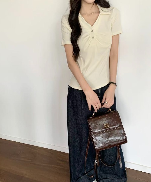 LADY LIKE(レディライク)の「【春夏新作】胸ギャザーメタルボタン半袖トップス(Tシャツ/カットソー・レディース・グレー/ホワイト/ライトベージュ/ブラック・M)」の17枚目の写真