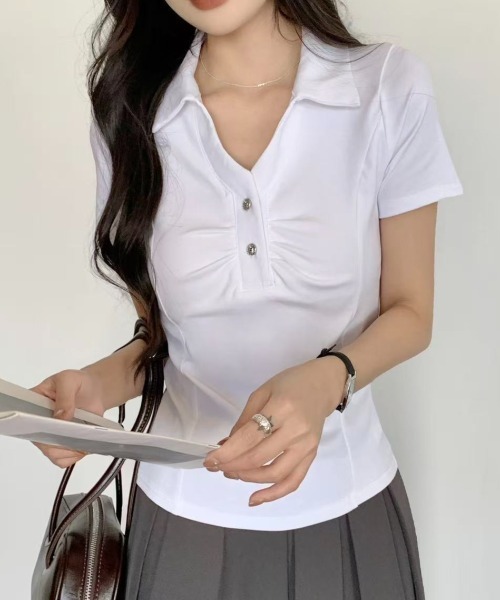 LADY LIKE(レディライク)の「【春夏新作】胸ギャザーメタルボタン半袖トップス(Tシャツ/カットソー・レディース・グレー/ホワイト/ライトベージュ/ブラック・M)」の21枚目の写真