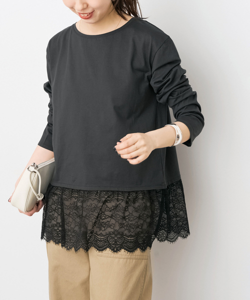 Spick & Span（スピックアンドスパン）の「《追加》レースドッキングレイヤードプルオーバー（Tシャツ/カットソー・レディース・ホワイト/ブラックミックス・FREE）」の2枚目の写真