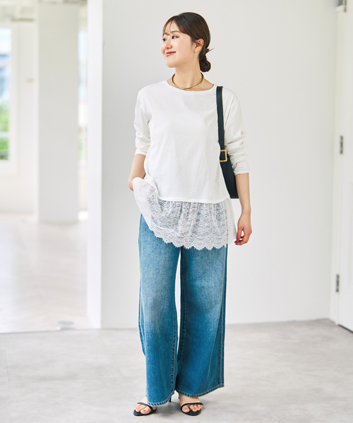 Spick & Span（スピックアンドスパン）の「《追加》レースドッキングレイヤードプルオーバー（Tシャツ/カットソー・レディース・ホワイト/ブラックミックス・FREE）」の5枚目の写真