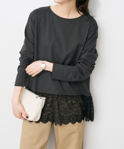 Spick & Span（スピックアンドスパン）の「《追加》レースドッキングレイヤードプルオーバー（Tシャツ/カットソー・レディース・ホワイト/ブラックミックス・FREE）」の7枚目の写真