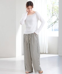 ストライプパンツ ワイドパンツ イージーパンツ レディース パンツ 柄パンツ ゆったり リラックス 体型カバー きれいめ カジュアル リラックスパンツ 縦ライン 脚長効果 スタイルアップ 落ち感 ウエストゴム