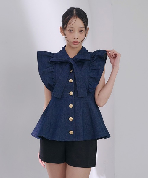 SOELA(ソエラ)の「【INGNI SOELA】フリルデニムボウタイシャツ/WEB限定(シャツ/ブラウス・レディース・ネイビー/ライトブルー・FREE)」の3枚目の写真
