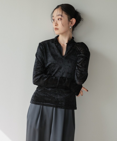 Callarus（カラルス）の「前後２WAYシアーベロアトップス［Callarus］（シャツ/ブラウス・レディース・ブラック・LL/L/M/S/3L）」の9枚目の写真