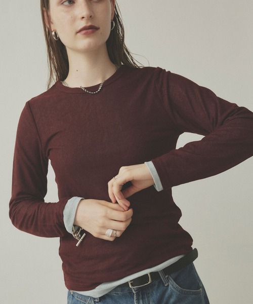 uchi.(ウチ)の「【2枚セット】シアーリブ編みカットソー パックTシャツ(Tシャツ/カットソー・レディース・ホワイト×ブルー/サックスブルー系/パープル系その他/ホワイト系その他/ブラウン系その他・FREE)」の2枚目の写真