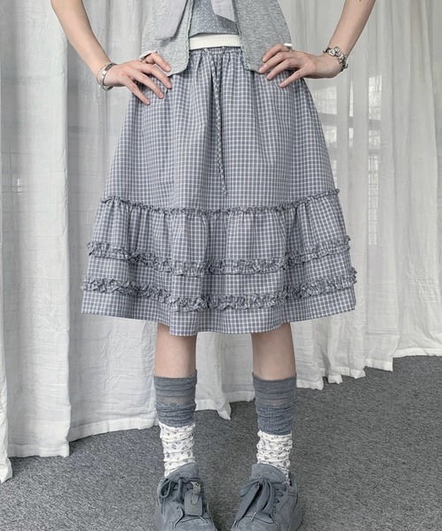 Sibra(シブラ)の「3color ヴィンテージチェックティアードフリルスカート(スカート・レディース・ネイビー/ブラウン/サックスブルー・M)」の17枚目の写真