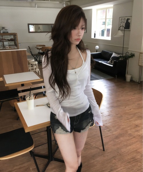 modimood（モディムード）の「華奢見えフィットヘンリーネックフード長袖Tシャツ（Tシャツ/カットソー・レディース・チャコール/ホワイト・FREE）」の12枚目の写真