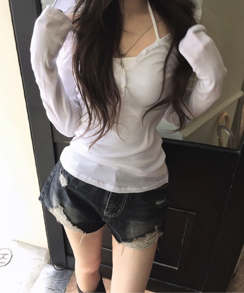 modimood（モディムード）の「華奢見えフィットヘンリーネックフード長袖Tシャツ（Tシャツ/カットソー・レディース・チャコール/ホワイト・FREE）」の8枚目の写真
