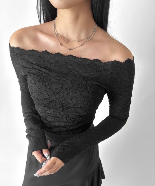 LVEU.(ラブユ.)の「【LVEU.】レースオフショルダートップス / トップス カットソー ストレッチ 長袖 オフショル オフショルダー レース 花柄 総レース 透け感 きれいめ カップ付き レイヤード ホワイト ブラック(Tシャツ/カットソー・レディース・ブラック/ホワイト・FREE)」の17枚目の写真