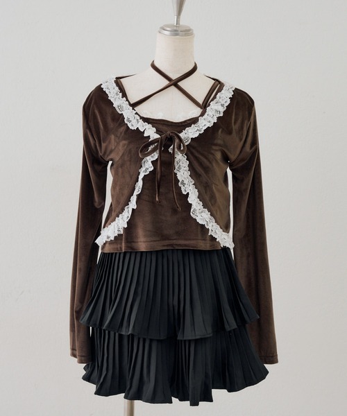 Another Branch olive des olive(アナザーブランチオリーブデオリーブ)の「レース付きベロアボレロキャミセット(シャツ/ブラウス・レディース・ピンク/ブラウン/チャコールグレー・FREE)」の3枚目の写真