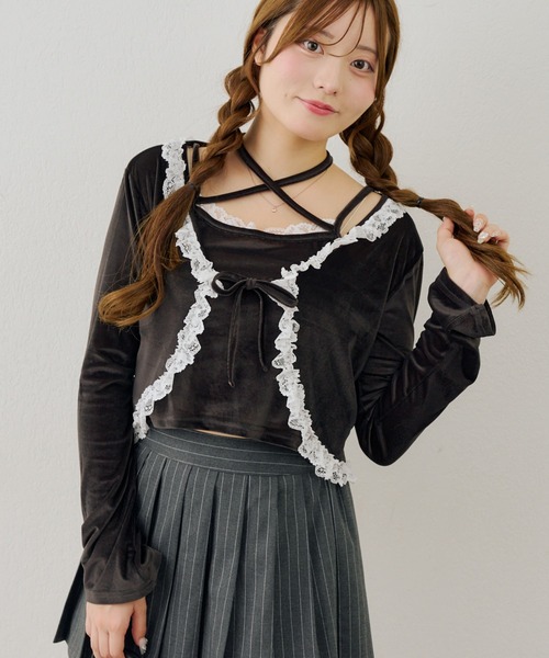 Another Branch olive des olive(アナザーブランチオリーブデオリーブ)の「レース付きベロアボレロキャミセット(シャツ/ブラウス・レディース・ピンク/ブラウン/チャコールグレー・FREE)」の4枚目の写真