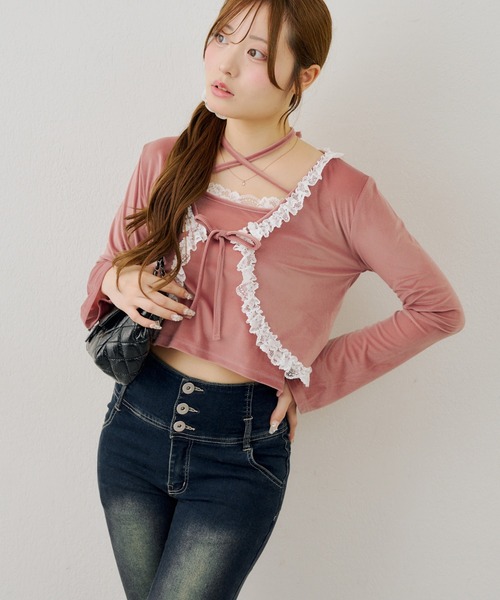 Another Branch olive des olive(アナザーブランチオリーブデオリーブ)の「レース付きベロアボレロキャミセット(シャツ/ブラウス・レディース・ピンク/ブラウン/チャコールグレー・FREE)」の16枚目の写真