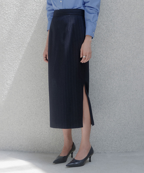 MEMUA(メムア)の「ピンストワイドスリットミディスカート(グレー)(スカート・レディース・ネイビー/グレー・SMALL/MEDIUM/LARGE)」の1枚目の写真