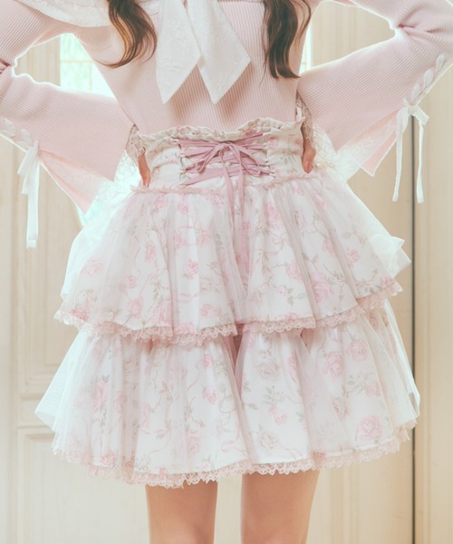 mellfy memory(メルフィーメモリー)の「Rose perfume tulle veil skirt(スカート・レディース・ピンク/ブラック・M/S)」の1枚目の写真