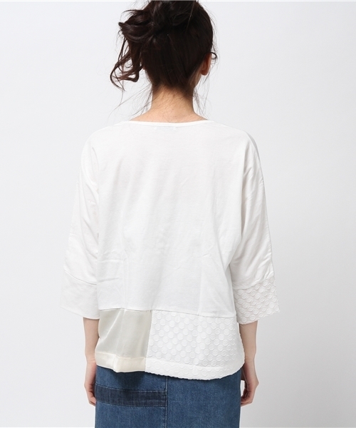 POU DOU DOU（プードゥドゥ）の「異素材パッチワークドルマントップス（Tシャツ/カットソー・レディース・オフホワイト/ネイビー/ピンクベージュ・3）」の6枚目の写真