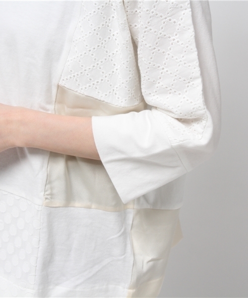 POU DOU DOU（プードゥドゥ）の「異素材パッチワークドルマントップス（Tシャツ/カットソー・レディース・オフホワイト/ネイビー/ピンクベージュ・3）」の8枚目の写真