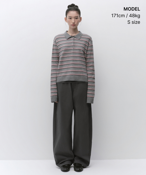 MUSINSA STANDARD WOMAN（ムシンサスタンダードウーマン）の「ウィメンズマルチストライプカラー ニット2 [ミディアムグレー]（ニット/セーター・レディース・その他・SMALL/MEDIUM/LARGE/X-SMALL）」の2枚目の写真