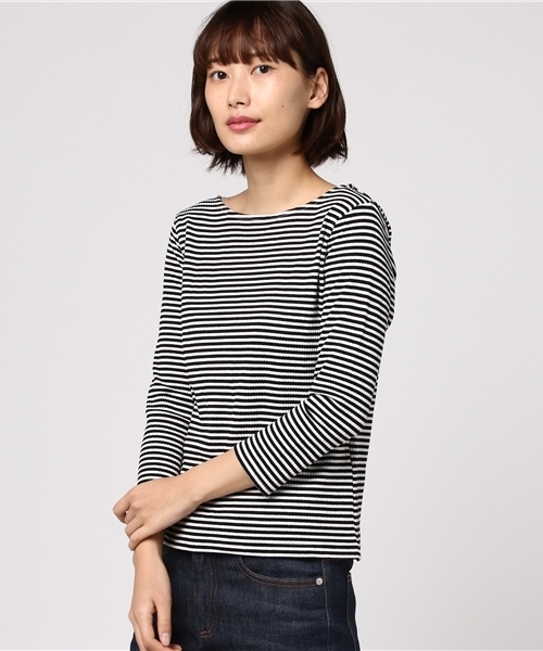 Honeys（ハニーズ）の「ボートネックプルオーバー（Tシャツ/カットソー・レディース・ピンク/ホワイト×イエロー/オフホワイト/ホワイト×グレー/杢グレー/ホワイト×ピンク/ブラック/サックスブルー/ホワイト×ブラック・M/L）」の3枚目の写真