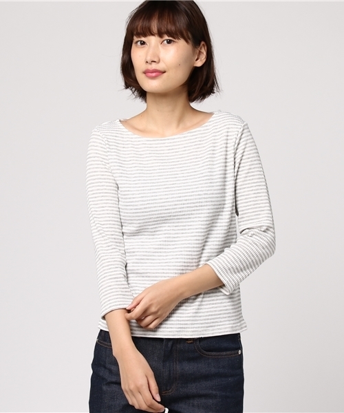 Honeys（ハニーズ）の「ボートネックプルオーバー（Tシャツ/カットソー・レディース・ピンク/ホワイト×イエロー/オフホワイト/ホワイト×グレー/杢グレー/ホワイト×ピンク/ブラック/サックスブルー/ホワイト×ブラック・M/L）」の4枚目の写真