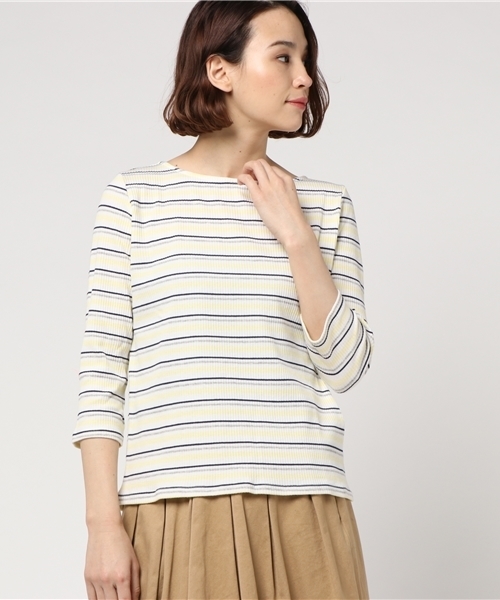 Honeys（ハニーズ）の「ボートネックプルオーバー（Tシャツ/カットソー・レディース・ピンク/ホワイト×イエロー/オフホワイト/ホワイト×グレー/杢グレー/ホワイト×ピンク/ブラック/サックスブルー/ホワイト×ブラック・M/L）」の5枚目の写真