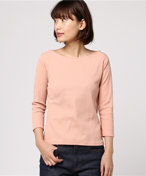 Honeys（ハニーズ）の「ボートネックプルオーバー（Tシャツ/カットソー・レディース・ピンク/ホワイト×イエロー/オフホワイト/ホワイト×グレー/杢グレー/ホワイト×ピンク/ブラック/サックスブルー/ホワイト×ブラック・M/L）」の9枚目の写真