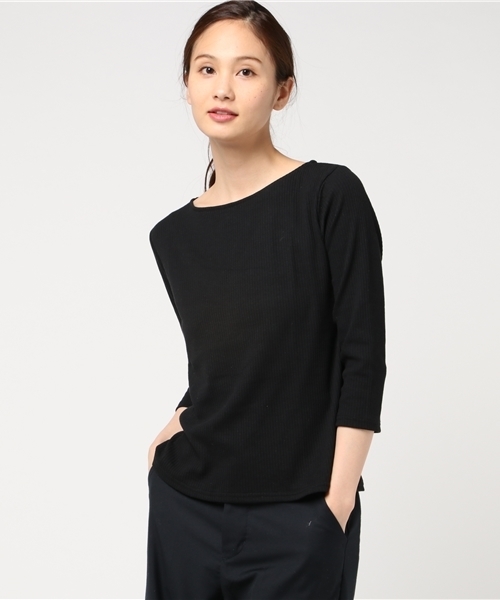 Honeys（ハニーズ）の「ボートネックプルオーバー（Tシャツ/カットソー・レディース・ピンク/ホワイト×イエロー/オフホワイト/ホワイト×グレー/杢グレー/ホワイト×ピンク/ブラック/サックスブルー/ホワイト×ブラック・M/L）」の6枚目の写真