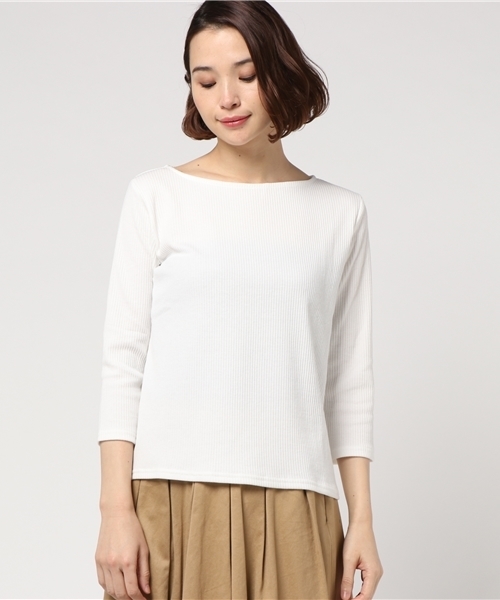 Honeys（ハニーズ）の「ボートネックプルオーバー（Tシャツ/カットソー・レディース・ピンク/ホワイト×イエロー/オフホワイト/ホワイト×グレー/杢グレー/ホワイト×ピンク/ブラック/サックスブルー/ホワイト×ブラック・M/L）」の10枚目の写真