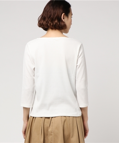 Honeys（ハニーズ）の「ボートネックプルオーバー（Tシャツ/カットソー・レディース・ピンク/ホワイト×イエロー/オフホワイト/ホワイト×グレー/杢グレー/ホワイト×ピンク/ブラック/サックスブルー/ホワイト×ブラック・M/L）」の12枚目の写真