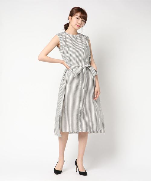 国産 Ticca ノースリーブストライプワンピース ロング丈 60 Off