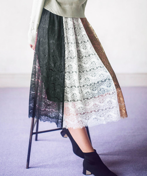 GeeRA(ジーラ)の「レース配色切替スカート(スカート・レディース・ブラック/ネイビー・LARGE/X-LARGE/MEDIUM)」の1枚目の写真