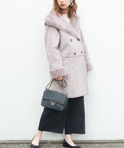 natural couture(ナチュラルクチュール)の「フードエコムートンコート(ムートンコート・レディース・アイボリー/キャメル/ピンク系その他/ピンク系その他2・FREE)」の4枚目の写真
