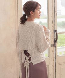 バックリボンケーブルニットトップス