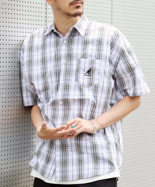 KANGOL(カンゴール)の「【KANGOL/カンゴール】ビッグシルエットチェックシャツ オーバーサイズ ワンポイント ユニセックス(シャツ/ブラウス・メンズ・ホワイト/ベージュ/ブラウン・MEDIUM/LARGE)」の4枚目の写真