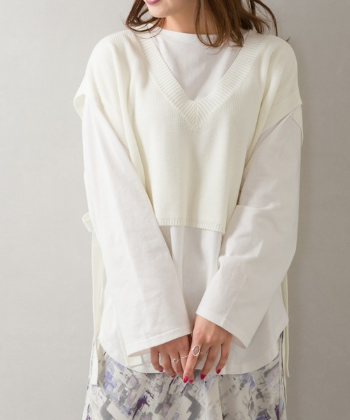 SpRay(スプレイ)の「サイドリボンベストアンサンブル(アンサンブル・レディース・ベージュ/ブルー系その他/グリーン/アイボリー/スミクロ・FREE)」の1枚目の写真