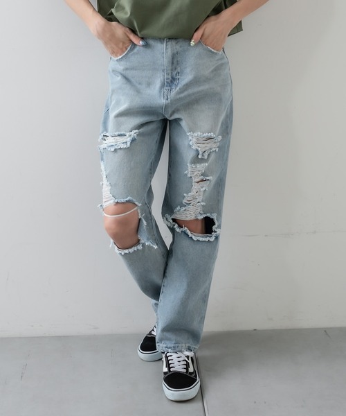 RASVOA（ラスボア）の「クラッシュダメージストレートデニム（デニムパンツ・レディース・オフホワイト/ブルー・S/M）」の2枚目の写真