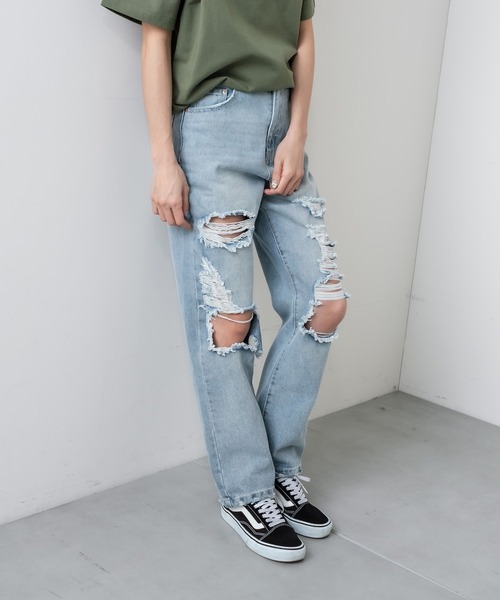 RASVOA（ラスボア）の「クラッシュダメージストレートデニム（デニムパンツ・レディース・オフホワイト/ブルー・S/M）」の3枚目の写真