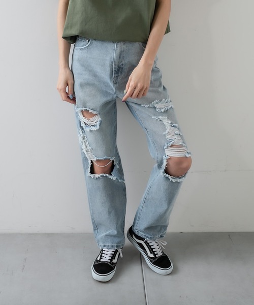 RASVOA（ラスボア）の「クラッシュダメージストレートデニム（デニムパンツ・レディース・オフホワイト/ブルー・S/M）」の6枚目の写真