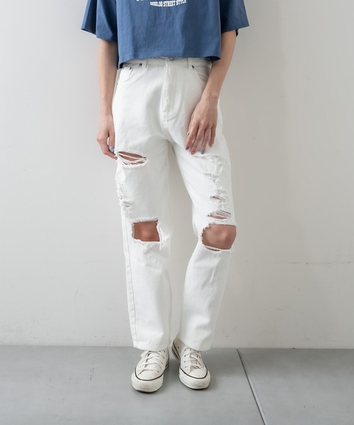 RASVOA（ラスボア）の「クラッシュダメージストレートデニム（デニムパンツ・レディース・オフホワイト/ブルー・S/M）」の8枚目の写真