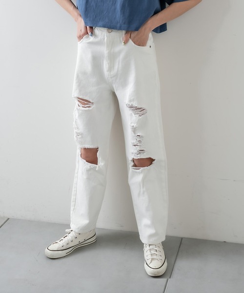 RASVOA（ラスボア）の「クラッシュダメージストレートデニム（デニムパンツ・レディース・オフホワイト/ブルー・S/M）」の12枚目の写真