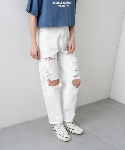 RASVOA（ラスボア）の「クラッシュダメージストレートデニム（デニムパンツ・レディース・オフホワイト/ブルー・S/M）」の11枚目の写真