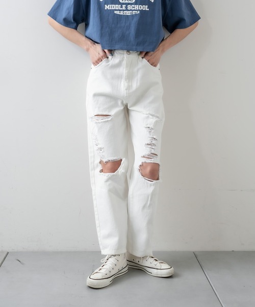 RASVOA（ラスボア）の「クラッシュダメージストレートデニム（デニムパンツ・レディース・オフホワイト/ブルー・S/M）」の9枚目の写真
