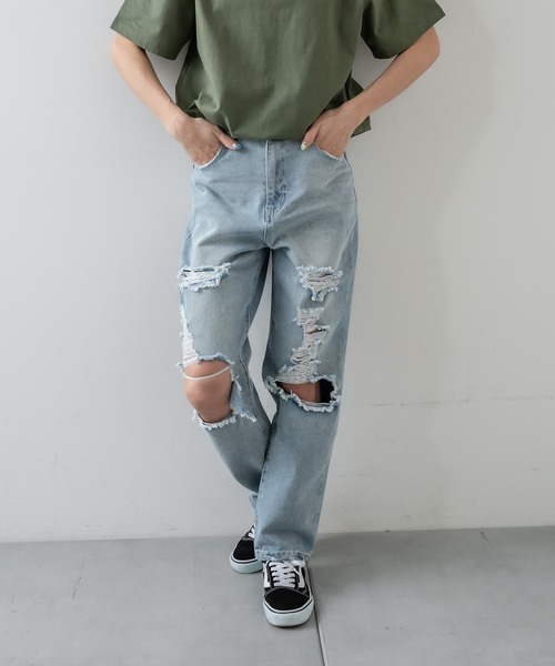 RASVOA（ラスボア）の「クラッシュダメージストレートデニム（デニムパンツ・レディース・オフホワイト/ブルー・S/M）」の5枚目の写真